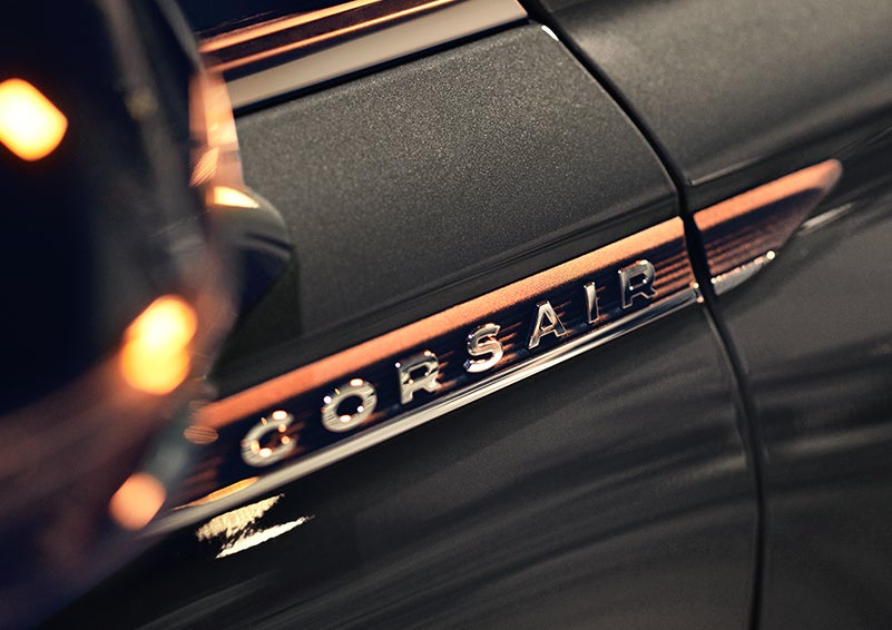 The stylish chrome badge reading “CORSAIR” is shown on the exterior of the vehicle. | Covert Lincoln Austin in Austin TX
