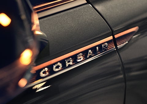 The stylish chrome badge reading “CORSAIR” is shown on the exterior of the vehicle. | Covert Lincoln Austin in Austin TX