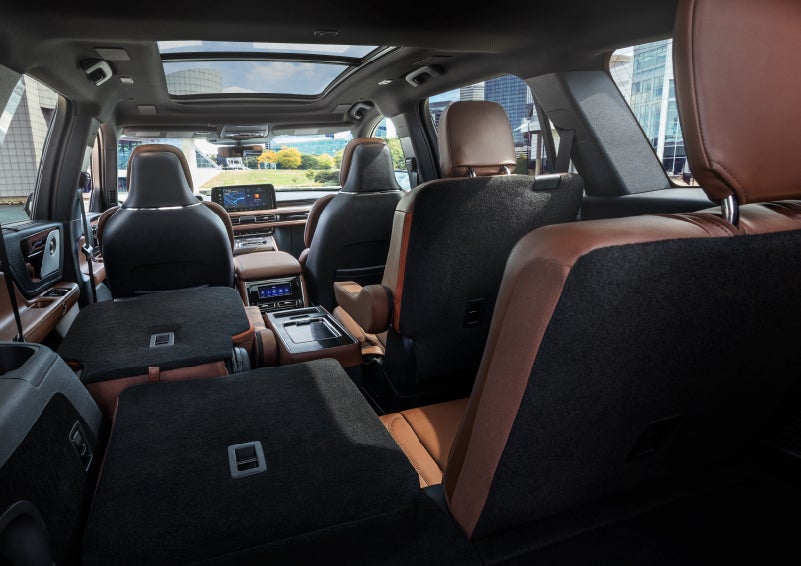 The interior of the 2025 Lincoln Aviator® SUV is shown with two seats folded down for added space. | Covert Lincoln Austin in Austin TX